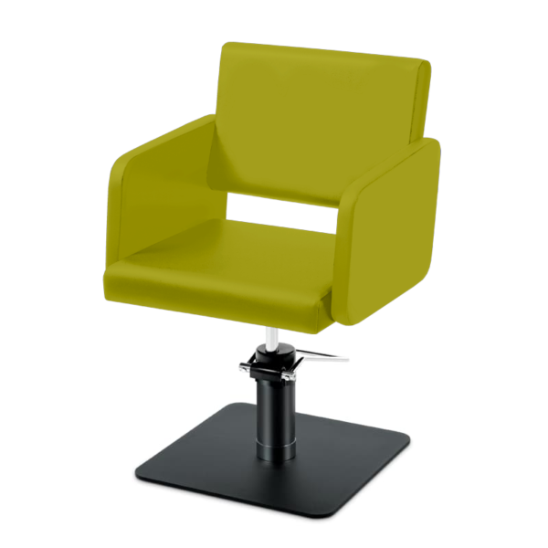 Takumi-Yuki-Hydraulic-Styling-chair-with-black-square-base-Lime Takumi Yuki kampaamotuoli, mattamustaa hydraulipumppu