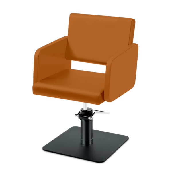 Takumi-Yuki-Hydraulic-Styling-chair-with-black-square-base-orange Takumi Yuki kampaamotuoli, mattamustaa hydraulipumppu